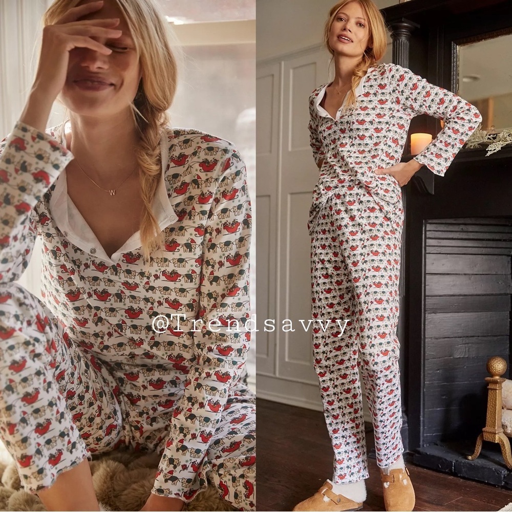Anthropologie Roller Rabbit Pajama Set White XL Cotton Holiday Lounge NWT